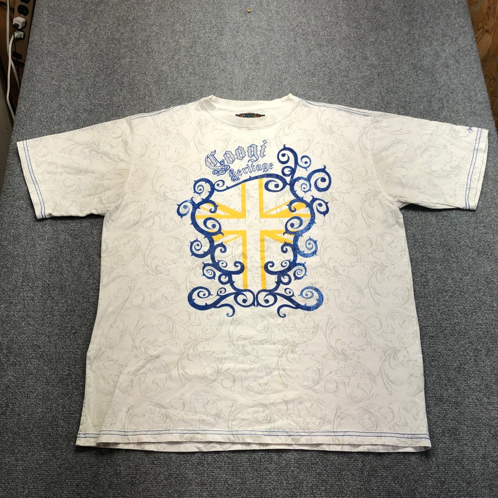 Coogi Heritage Mens XXXL White Graphic Cross T-Shirt All Over Print Streetwear